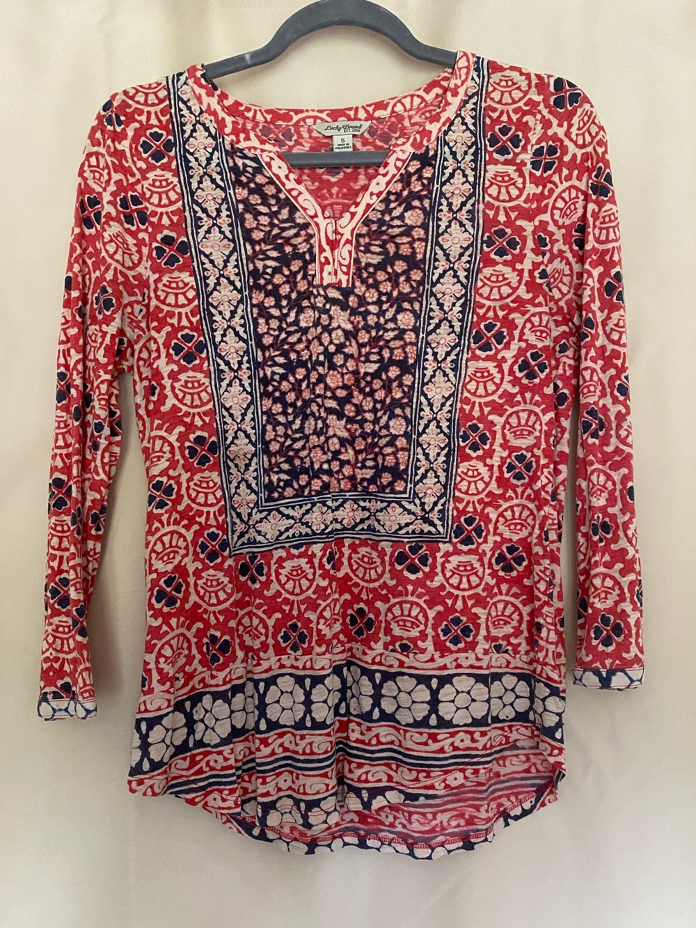 Lucky Brand Red and Navy Printed V-Neck Tunic
